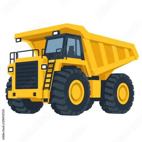 Yellow rigid mining haul truck with massive dump body and oversized off-road tires in a clean isolated technical illustration