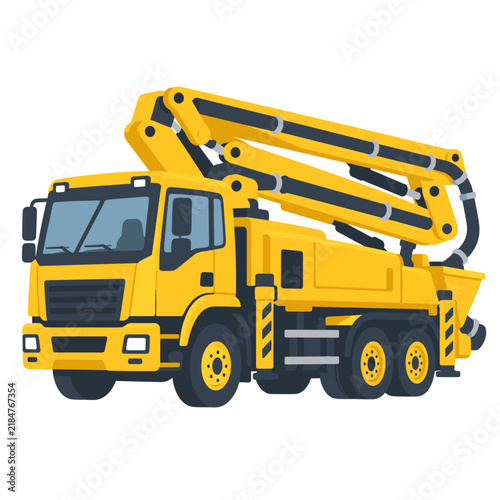 Yellow truck-mounted concrete pump with folded articulated placing boom and multi-axle chassis in a clean isolated technical illustration