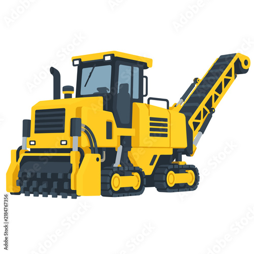 Yellow tracked road milling machine with rear conveyor, operator cabin and cutting drum in a clean isolated technical illustration