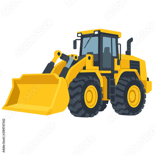 Yellow wheel loader with large front bucket, articulated body and heavy tread tires in a clean isolated construction machinery illustration