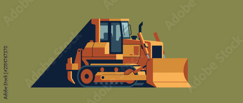 Side-view tracked bulldozer with a wide front blade and compact operator cabin in a bold geometric industrial illustration with a long shadow