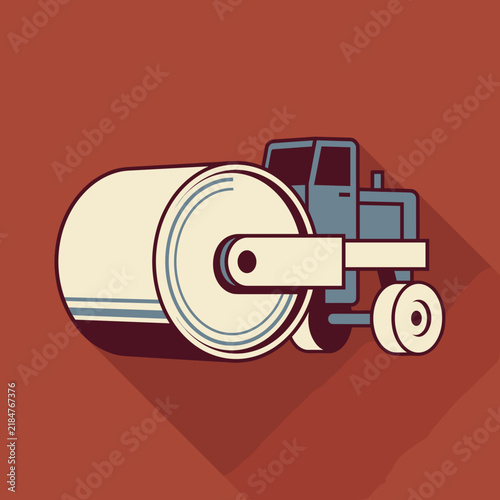 Stylized single-drum road roller with a large smooth steel compaction drum and compact operator cabin in a clean geometric industrial illustration