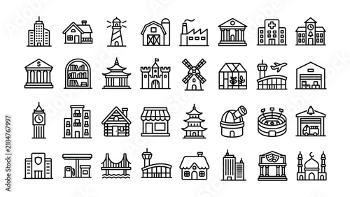 Commercial building icon set in outline style. Collection of commercial building, corporate office, business center, property, real estate, and architecture. Editable stroke. Vector icon collection.