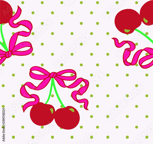 Red cherries with pink ribbons tied in bows against a white background with green polka dots