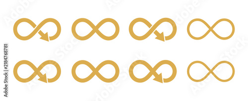 Set of golden infinity symbols and arrows with infinity mathematics continuous direction abstract
