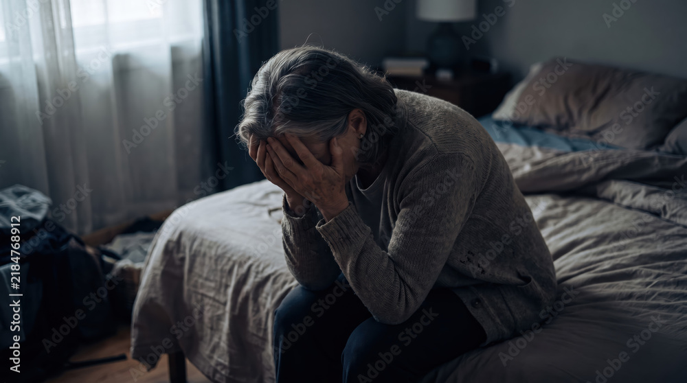 Obraz premium Older woman sitting on bed, leaning forward with hands covering face in dim bedroom, expressing sadness and emotional distress near window