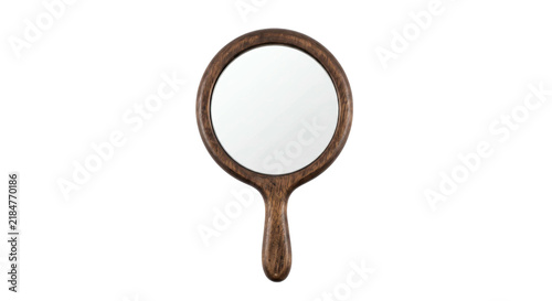 Foto Elegant wooden hand mirror with a round reflective surface and smooth handle