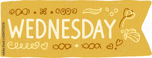 Cute Hand Drawn Wednesday Typography Banner with Yellow Oil Paint Texture and Doodle Elements.