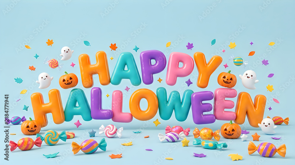 Fototapeta premium Happy halloween colorful 3d typography lettering with candies
