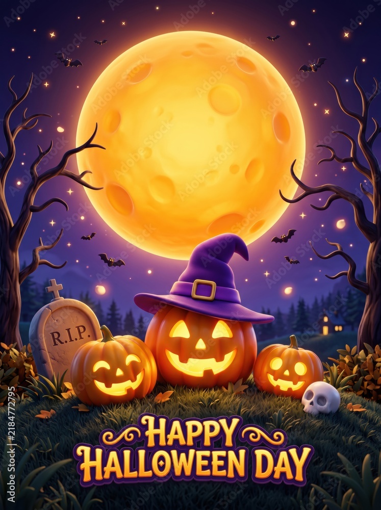 Fototapeta premium Happy Halloween Day with Pumpkins, Witch Hat, and Full Moon.