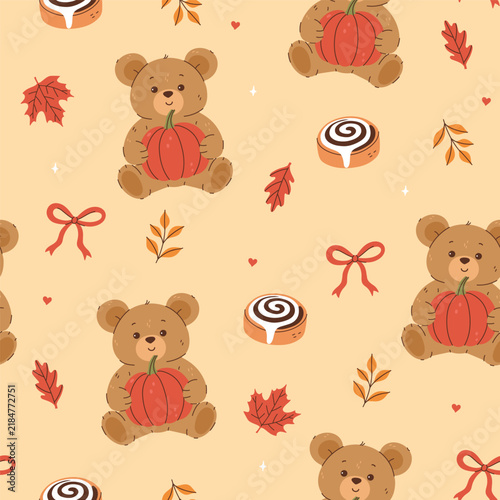 Cute autumn seamless pattern with cartoon teddy bear holding pumpkin, cinnamon rolls and leaves on beige background vector illustration