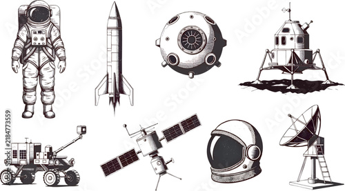Vintage space mission vector set containing eight separate isolated elements: astronaut, launch rocket, space capsule, lunar lander, lunar rover, satellite, astronaut helmet, and mission control anten