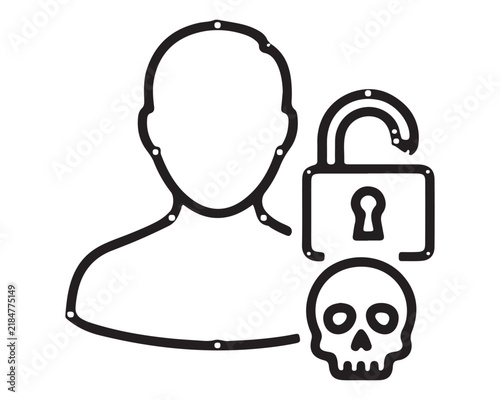 User account security vulnerability icon featuring a person silhouette with an open padlock and a skull cyber security identity theft cyber threat data breach security risk privacy violation