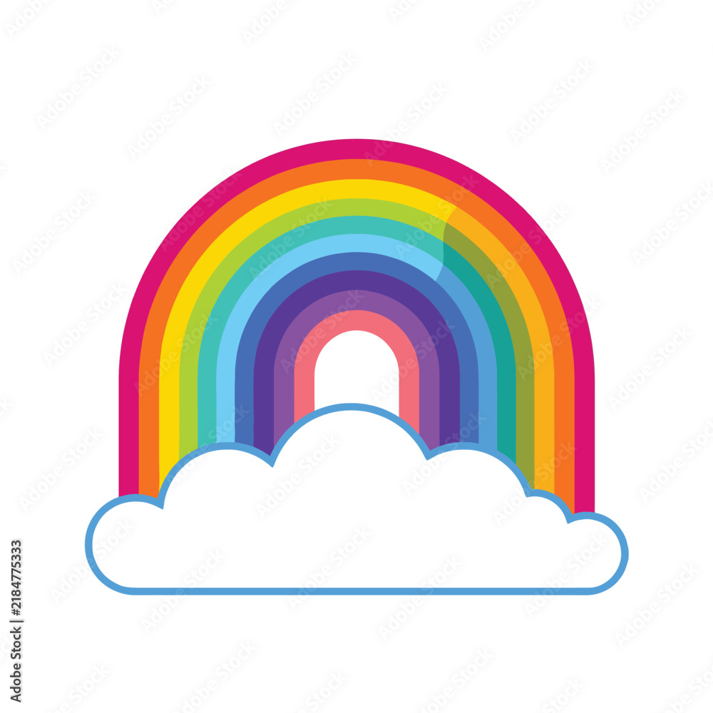 Obraz premium A vibrant rainbow with multiple colors arching over a fluffy white cloud with a blue outline, a cheerful graphic illustration.