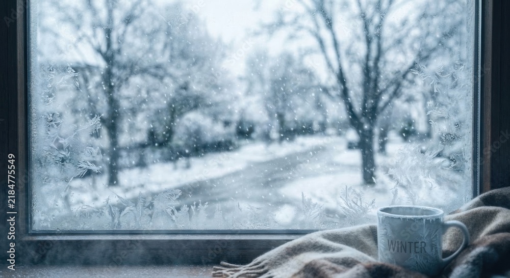 Obraz premium Fogged window glass with condensation drops overlooking snowy winter landscape