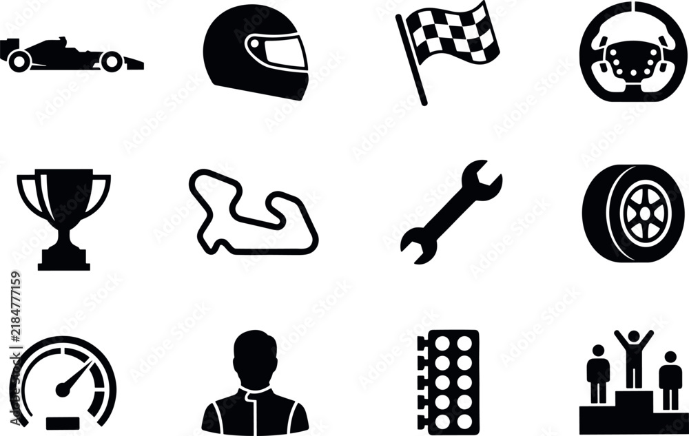 Fototapeta premium 12 Formula 1 Racing and Motorsport Solid Glyph Icons Set