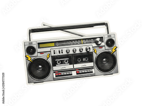 Fotografie Vintage retro boombox cassette player sticker with halftone dots and yellow ligh