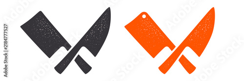 Professional butcher knife, meat cleaver emblem for your craft branding. This butcher knife set represents high quality tools. Each butcher knife features a unique grunge texture. Vector Illustration