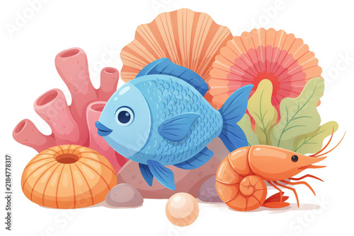 Blue fish swimming near pink coral, sea urchin, and orange shrimp isolated on a transparent background