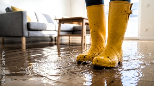 Bright yellow rubber boots stand in deep standing water covering the wooden floor during flooding