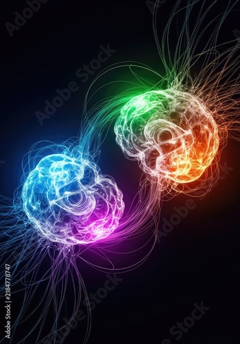 Luminous neural networks and glowing fibers bridge two translucent cerebral shapes against a deep dark background symbolizing shared ideas, futuristic, network, data