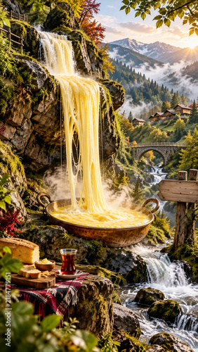 A surreal Black Sea scene with a long, cascading stream resembling a mountain waterfall, tea, and plateau scenery.