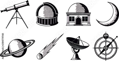 Vintage astronomy vector set containing eight separate isolated objects: astronomical telescope, observatory dome, planetarium building, crescent moon, Saturn, shooting star, radio telescope, and star