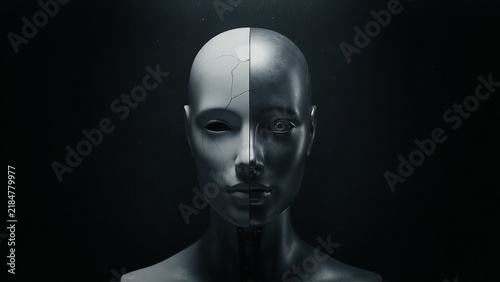 Split face humanoid robot half cracked porcelain half metal