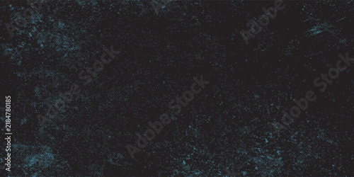 Abstract black grunge background with neon blue halftone texture. Distressed dark surface with vibrant cyan pixelated noise, grit, and dots pattern for modern banner, poster, or cyber backdrop.