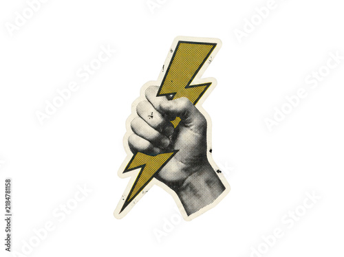 Cuadro en lienzo Halftone graphic illustration of a clenched fist holding a yellow lightning bolt