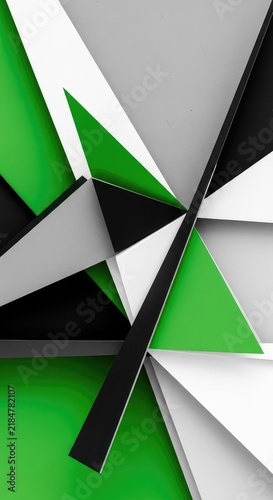 Abstract geometric art featuring bold intersecting triangles and sharp shapes in green, black, white, and gray tones with a textured look, light, architectural, surface