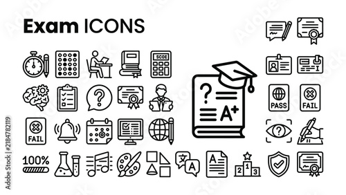 Картината върху платно Exam Icons Collection: A comprehensive set of line icons representing various aspects of academic study, testing, and achievement, including a graduation cap, trophy, certificate, and exam paper