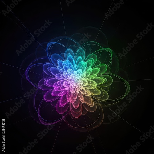 A stunning futuristic digital art background featuring a glowing fractal flower with geometric petals and neon light patterns in a dark space, geometric, futuristic, floral