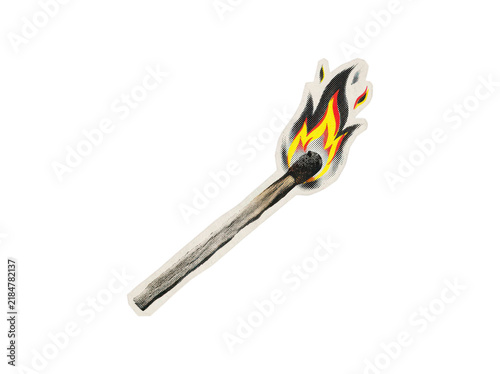 Vintage halftone illustration of a burning match with bright yellow and red flame on transparent background