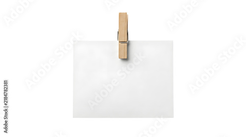 Konstfotografi Blank white paper card held with wooden clothespin clip mockup