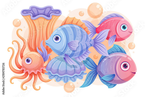 Colorful cartoon of tropical fish, octopus, sea shell, and coral reef in the ocean isolated on a transparent background