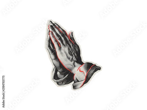 Quadro su tela Praying hands sticker illustration with halftone pattern and red outline details