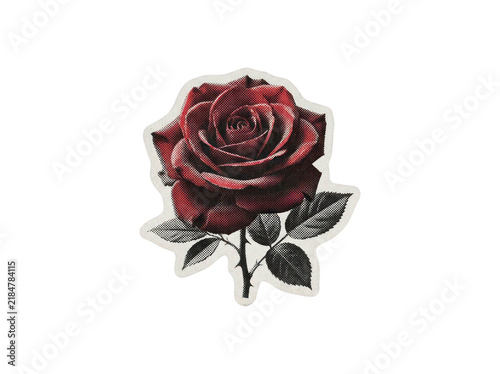 Red rose flower sticker graphic with halftone halftone print effect isolated on transparent background