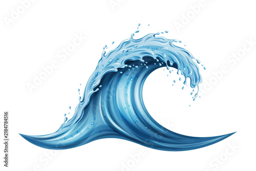Curving blue ocean wave with splashing water droplets and foam details isolated on a transparent background