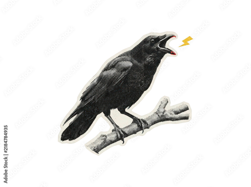 Obraz premium Black raven perched on a tree branch cawing with open beak illustration on transparent background