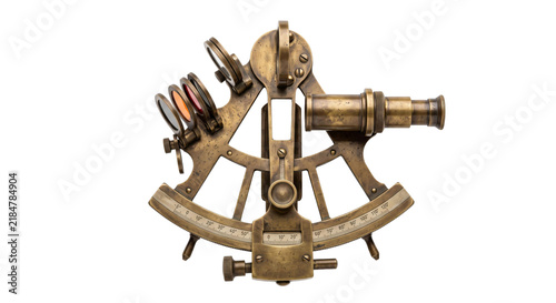 Antique brass sextant with colored filters and telescope for celestial navigation