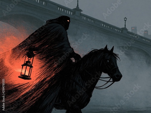 Mysterious headless horseman with glowing eyes rides a black steed at night