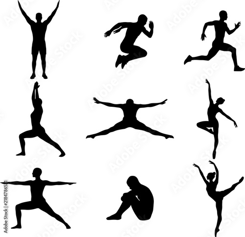 Human silhouettes depict various athletic poses against Vector Design