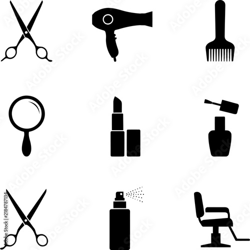 Barber shop tools and cosmetics black silhouette icons Vector Design