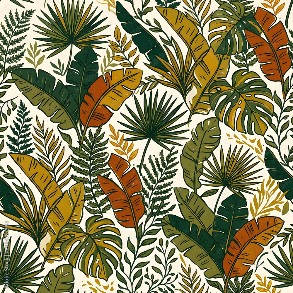 Tropical Jungle Seamless Pattern with Banana Leaves, Monstera, Palm, and Fern Background