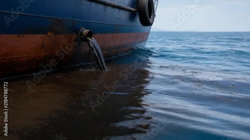 Oil spill from a ship into the sea.