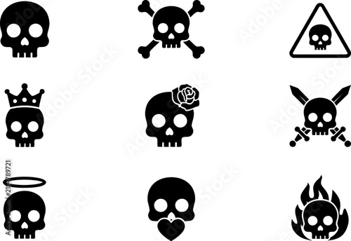 Collection of black skull silhouettes with various symbolic elements