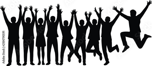 Diverse group of people in silhouette, arms raised in celebration, one person leaping joyfully against a white background