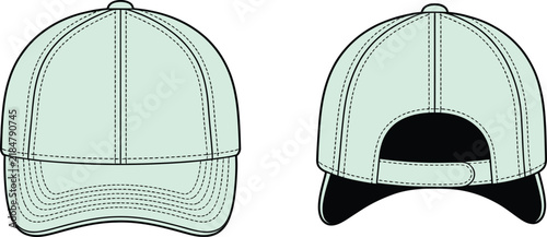 Front and back view of a light mint green baseball cap with black stitching details and a black underside brim, isolated on white