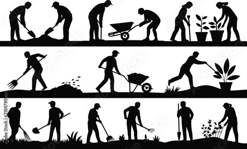 Silhouettes of people engaged in various gardening and landscaping activities, including digging, raking, and planting